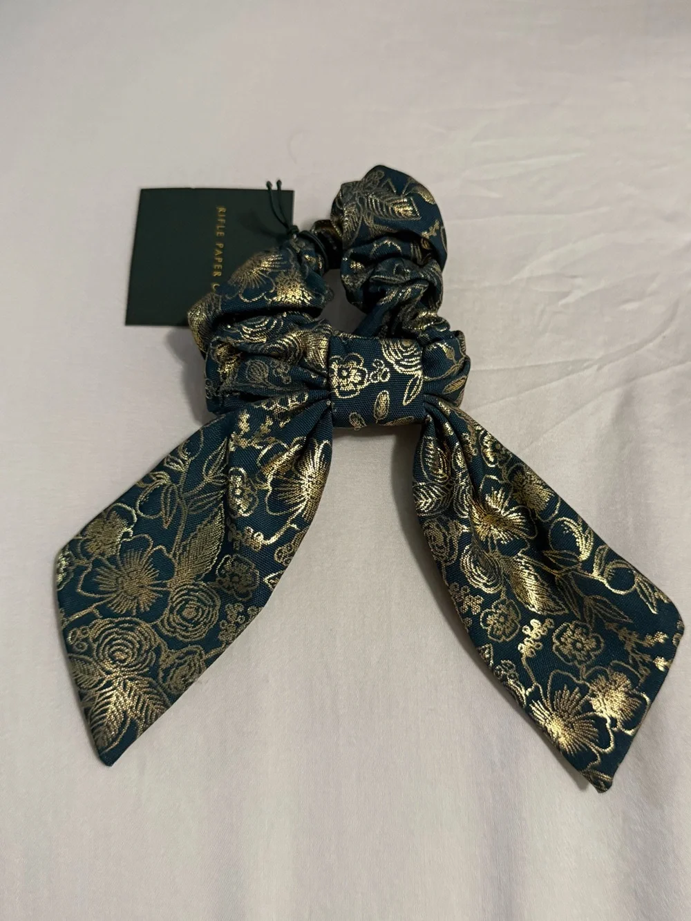 NWT Rifle Paper Co Hair Scrunchie / Bow Deep Green and Gold Floral